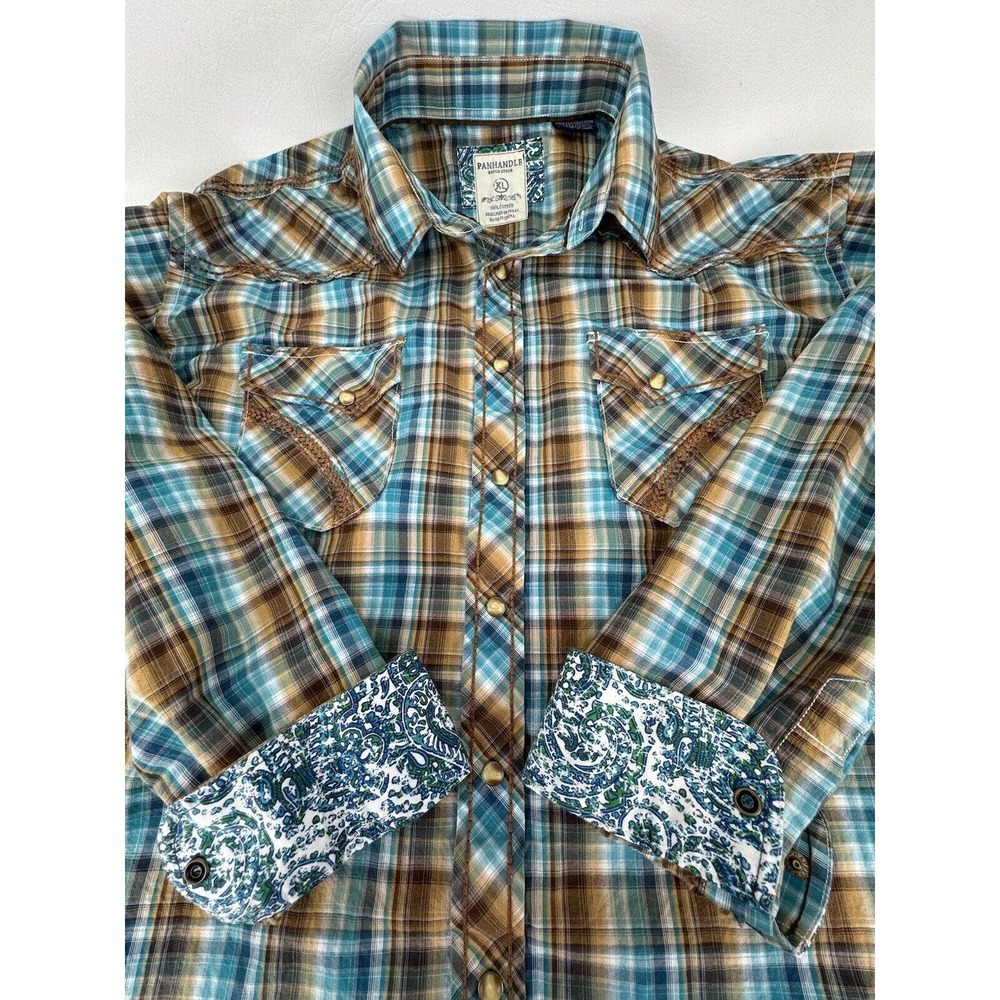 Panhandle Rough Stock XL Blue/Brown Plaid With Paisley Cuff Pearl Snap Shirt